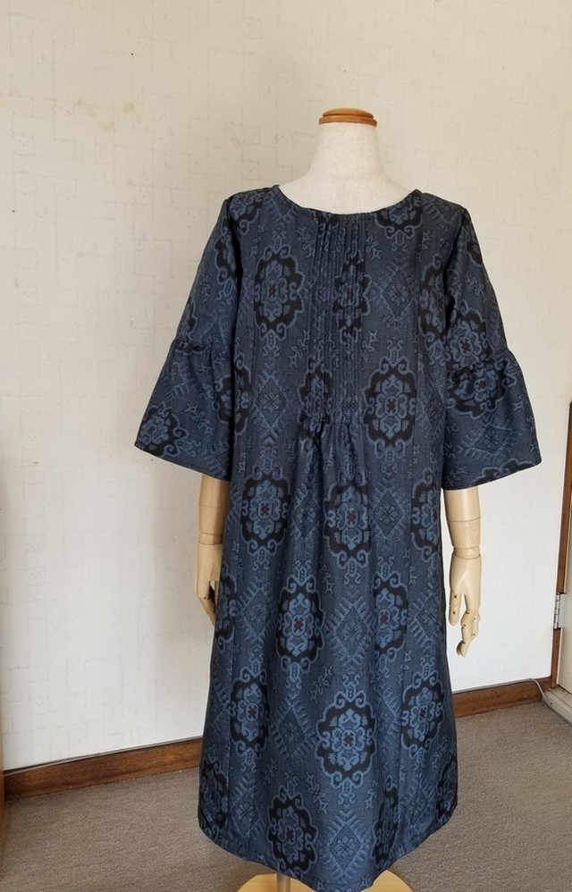 大島紬リメイクギャザー袖ワンピース Sakiorihiro