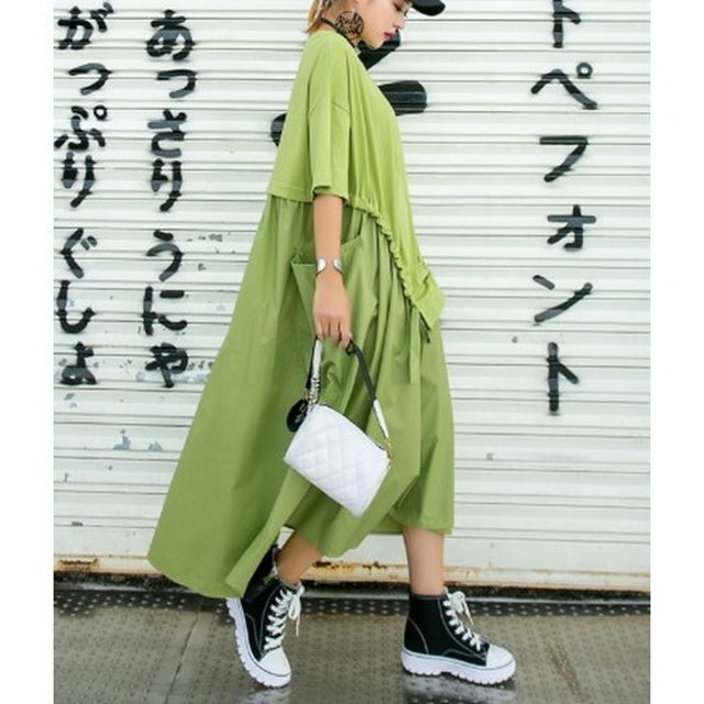 ロングワンピース 変形ワンピース レイヤードワンピース ワンピ レディース 夏 半袖ワンピース ビッグポケット 重ね着風 おしゃれ モード オーバーサイズ ゆったり ロングワンピース 変形ワンピース Leaflower 001 リーフラワー レディースファッション専門店