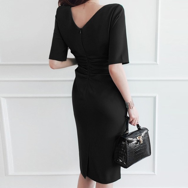 大きいサイズ ワンピース 大きいサイズ ロングワンピース ミディ丈ワンピース フォーマル 袖あり 黒 ドレス きれいめ シンプル 上品 韓国 ファッション Ta7140 Dress Plaatje