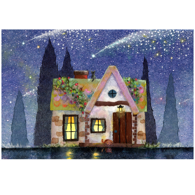 Starry Night 満天の星空に流れ星が降るかわいいお家 神秘的な夜のイラストのポストカード 和紙絵工房 和紙絵作品のプリントweb通販