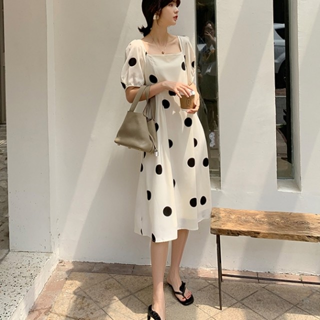 パフスリーブ 背中開きワンピ ワンピース レディース 水玉ワンピース ドット柄 夏服 半袖 バックオープン スクエアネック パフスリーブ きれいめ Rx0520 Raxia