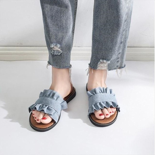 フリル ビーチサンダル 花柄 レディース ぺたんこ フラット ローヒール シューズ ブルー 23 0cm Million Mart