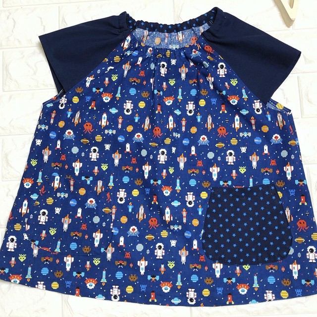 ネイビー ドット絵スペース柄 半袖スモック L110cm L 5 通園用のかわいいトートバッグや子供スモックhoshizora ほしぞら 通園用の かわいいトートバッグや子供用スモック Hoshizora ほしぞら