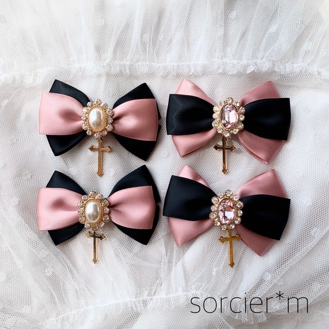量産型 ビジュー リボン ヘアクリップ ヘアピン 量産型 十字架 ゆめかわいい 病みかわいい 地雷 くすみピンク 黒 ブラック Sorcier M