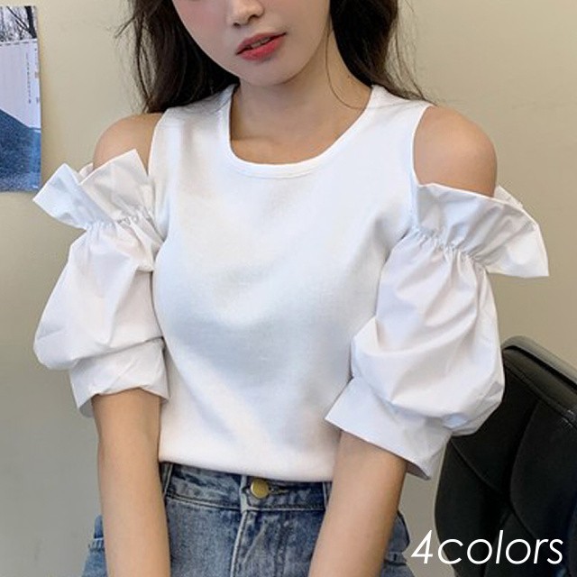 即納 サマーニット 肩出し トップス 半袖 ボリューム袖 ラウンドネック バルーンスリーブ パフスリーブ フリル オフショルダー プルオーバー カットソー レディース 黒 白 ブラック ホワイト グレー ピンク Ns 0332 Daily Closet