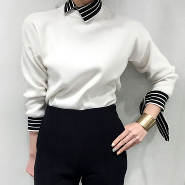 フェイクレイヤード シャツカラー ニット トップス セーター 黒 白 長袖 Ol 通勤 職場 Garage Diva 106