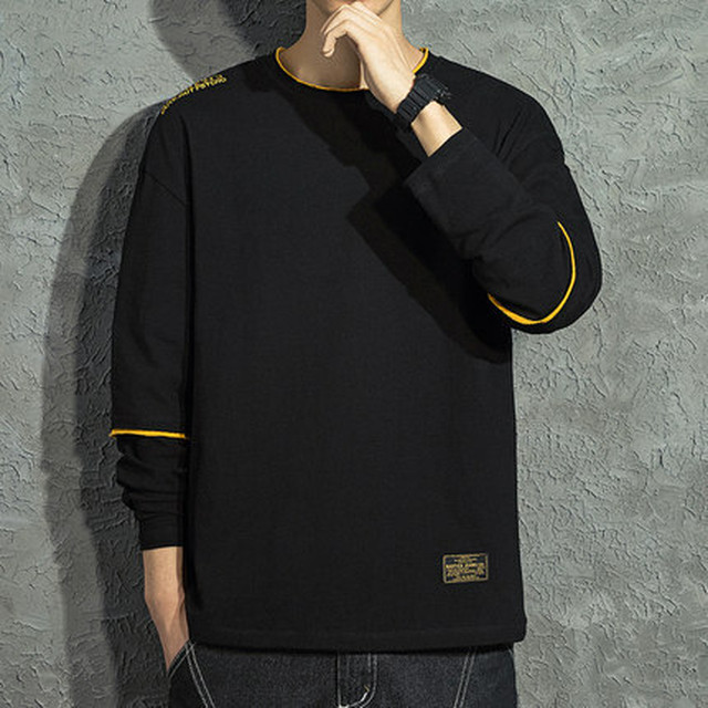 1枚で重ね着風コーデになるフェイクツーピース さり気ないメッセージロゴがクールなプルオーバー メンズ ロングtシャツ ブラックセレクトショップblack Dyed