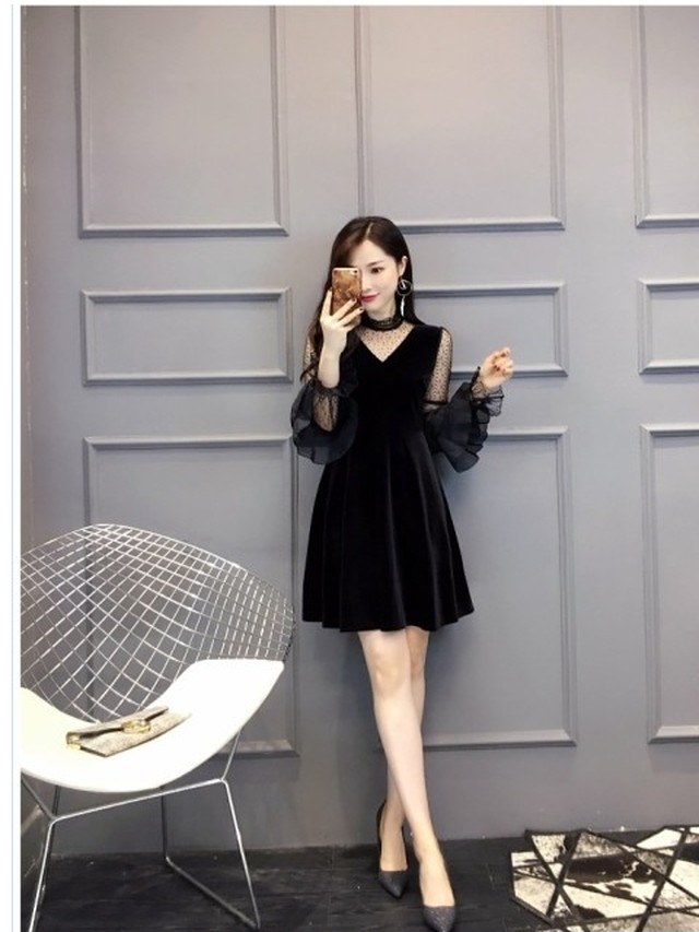 卒業式 謝恩会 ワンピース パーティドレス パーティーワンピ 結婚式 袖あり パーティードレス 韓国 ワンピース パーティドレス クルーネ Basecamp49