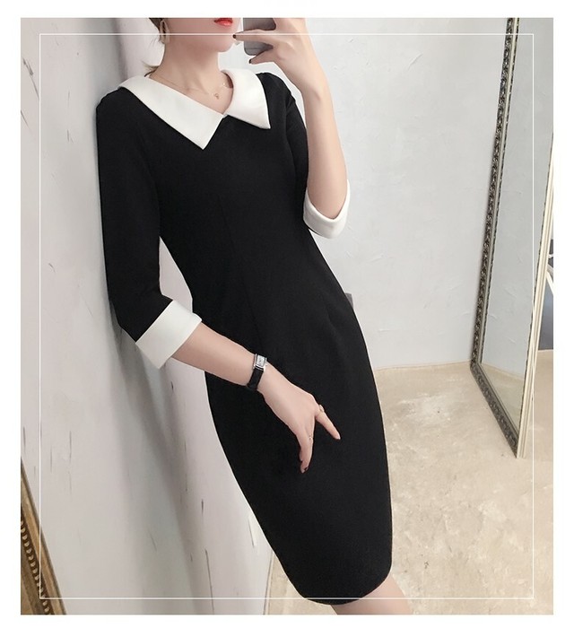 バイカラー襟付きワンピース ショート丈スリム ｉライン 通勤 結婚式 二次会 パーティー お呼ば れwa010 La Vie En Rose