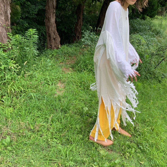 Cotton Fringe Long Dress Hand Made White ロングドレス ドレス ワンピース 白 ホワイト ハンドメイド ヴィンテージ フリンジ コットン ロングワンピース 古着 No Sign