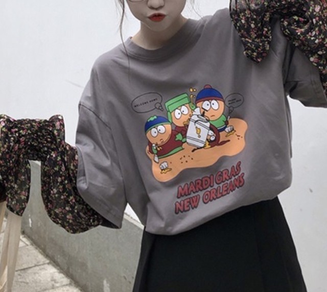 トップス Tシャツ コットン ラウンドネック 長袖 ゆったりドッキング 重ね着風 大人可愛い プリント キャラクター 花柄 秋 春 黒 白 グレー 10代 代 30代 お出かけ デート 着まわし カジュアル シンプル トレンド Prism One プリズム ワン