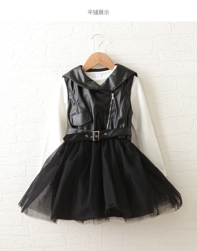 再入荷 ノースリーブライダース切替ワンピース２点セット レザー 甘辛コーデ シフォン バックプリント Milimili