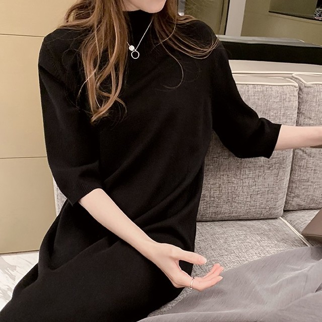 ニット ストレートラインワンピース 7分袖 ハイネック 春服 秋服 冬服 通勤 レディース I0542 Aeka Clothet For Worker
