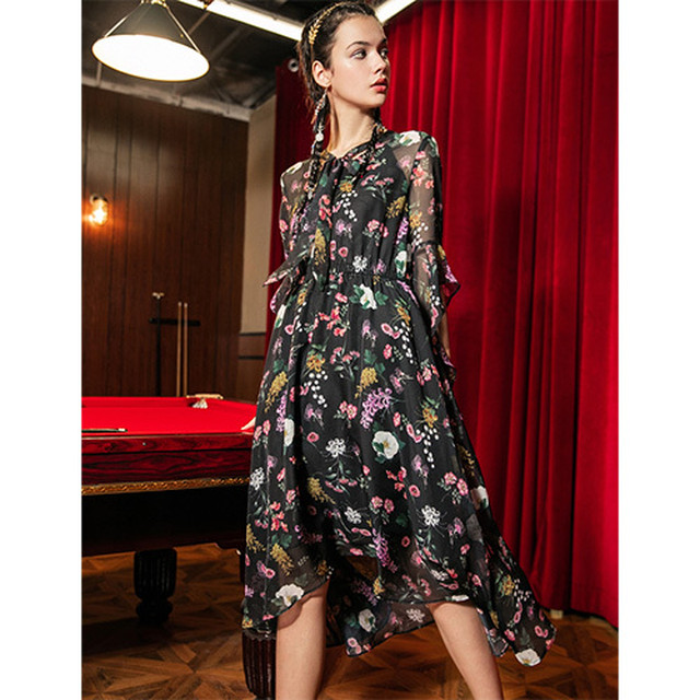 ワンピース ボリューム袖 花柄 フリル メッシュ Uネック ロングワンピース 透け感 シースルー ワンピース Fashobees99