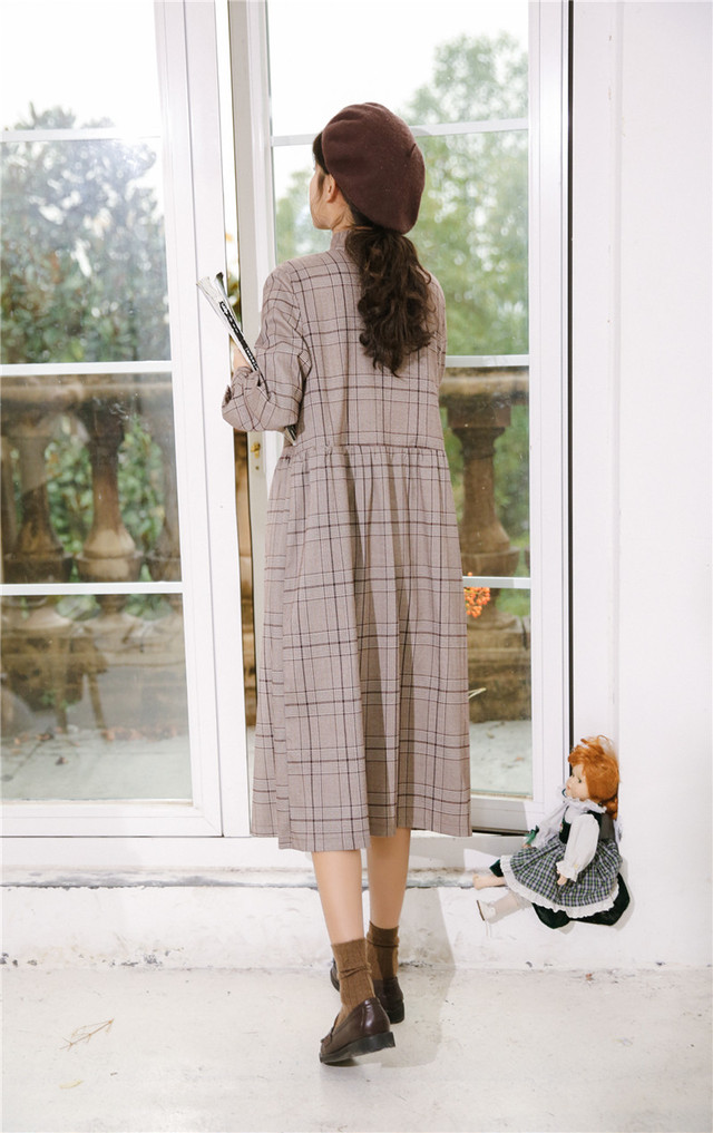 カレッジ風 レトロチェック柄ゆったりワンピース ワンピース ロング シャツワンピ 柄 チェック タイ レトロ 長袖 秋 冬 ガーリー ランタンスリーブ 抜け感 ラフ ゆったり Sugar Daystyle シュガーデイスタイル