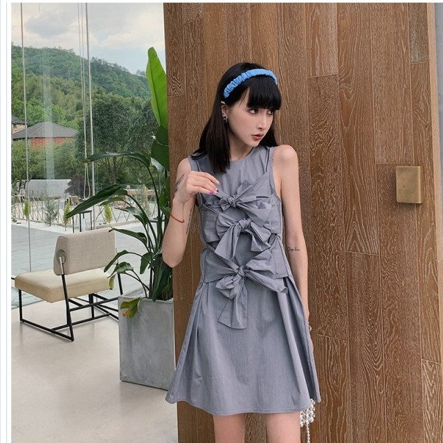 バックリボン ワンピース ポールカ ワンピース サイズ36 S レディース ライトブルー ノースリーブ ひざ丈 リボン Basecamp49