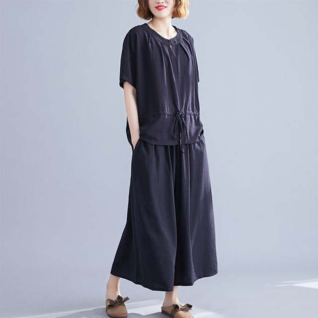 セットアップ Tシャツパンツ 半袖 ラウンドネック 九分パンツ 無地 カジュアル エレガント きれいめ ウエストマーク 夏 ライトブルー ブラック ゆったり 体型カバー 主婦 Ol 代 30代 40代 Rb R3 Ba01 Sa07 0094 Redbell