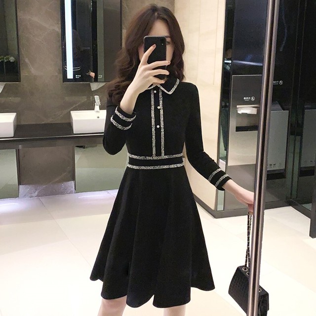 レトロドレス ブラック ワンピース ミニ丈 開襟 ホワイトパイピング 長袖 大人かわいい 秋 冬 デート 甘い フェミニン 韓国 オルチャン Like Fashion