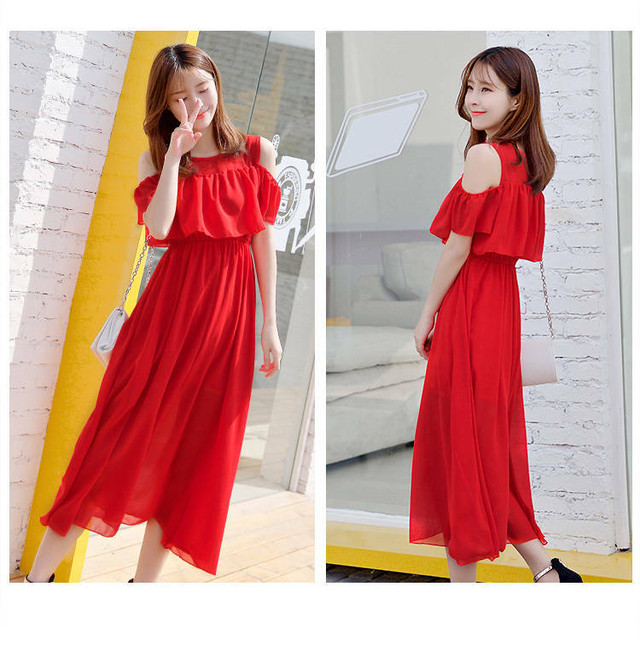 春 夏 レディース ワンピース ロング ワンピース オフショルダー 肩出し ノースリーブ マタニティ ママ 妊婦 バックコンシャス リボン ラウンドネック フリル シンプル 無地 可愛い 青 水色 白 桃 黒 緑 橙 赤 Yn 7 31 Dress Sugar Moon