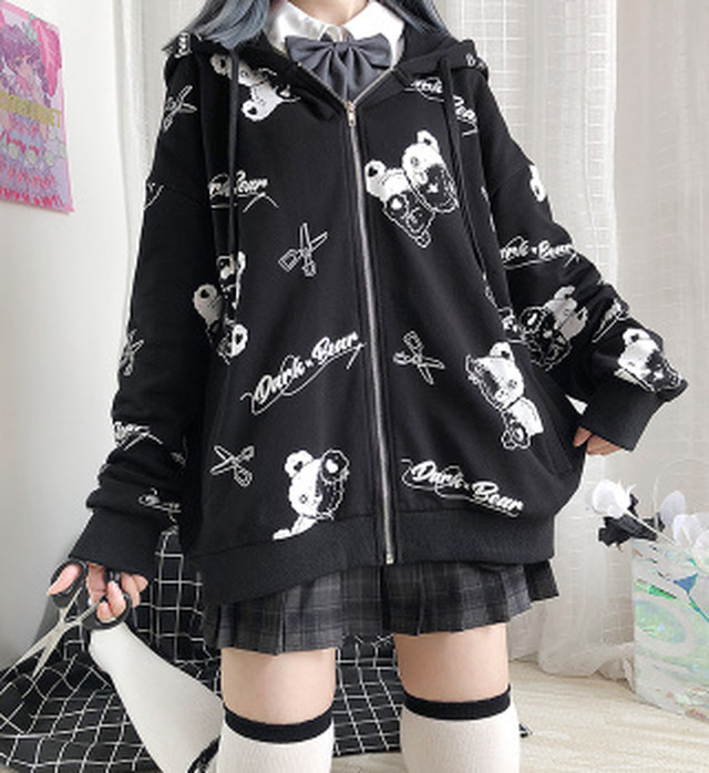 トップス パーカー ブラック 黒 Rock モノクロ ルーズ オーバーサイズ メンズライク 病みかわいい ゆめかわいい ゆるかわ キュート 大人かわいい きれいめ エレガント フェミニン カジュアル 秋 冬 デイリー お出かけ Z126 Top Mode