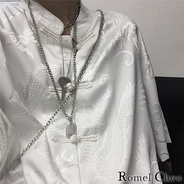 Romelcheo 龍柄 チャイナシャツ モノクロ チャイナ服 メンズ レディース ユニセックス チャイナボタン シャツ マオカラー 半袖 和柄 チャイナ風 韓国 ストリート系 原宿系 B系 モード系 V系 アジアン エスニック 黒 白 モード系 モノトーン ロメルチェオ Romelcheo