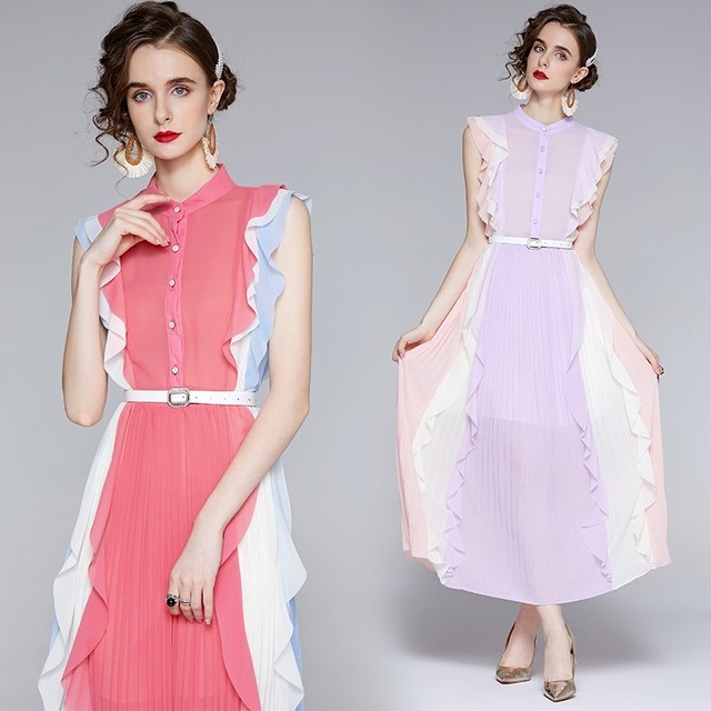 新色入荷 並木万里菜アナ 柴田阿弥さん 新井恵理那さんご着用 送料無料 D432 ホワイト ベルト付き パステル 配色 ラッフルスリーブ ワンピース ラベンダー チェリー マルチカラー 白 クラシカル 無地 パーティードレス お呼ばれ 結婚式 メール便 カラフル