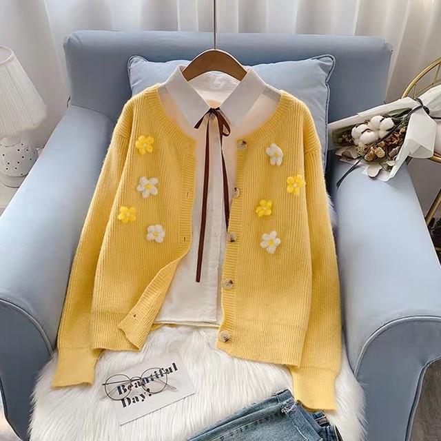 Outer 韓国系超人気清新人気デザイン刺繍花柄ラウンドネックカーディガン3色 Nanastyle