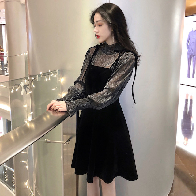 パーティードレス 2点セット ワンピース ラメ感 透け感 長袖 ベロア ハイウエスト フレア ショート丈 二次会 お呼ばれ パーティー D397 Kireina Dress キレイナ ドレス