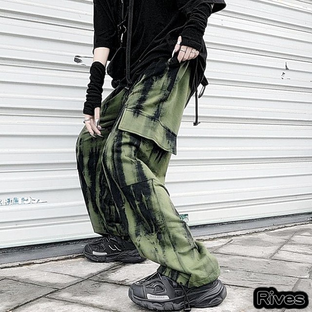 タイダイ柄 ロングパンツ 長ズボン ブラック 黒 グリーン 緑 韓国ストリート ボトムス 韓国ファッション ストリート系 リーブス 服 Rives カジュアル レディース メンズ レディース 韓国カジュアル 代 オルチャン 古着 Rives