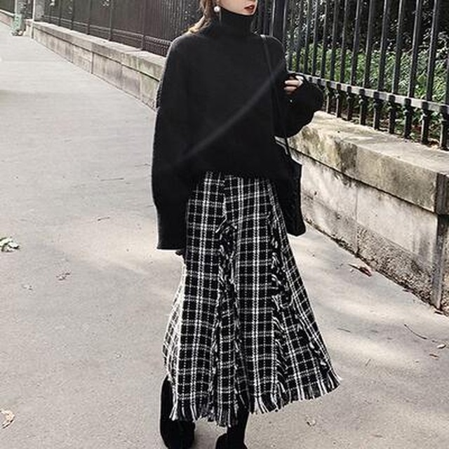 セットアップ レディース 秋冬 春 大きいサイズ 上下セット ニット タートルネック セーター チェックスカート ロングスカート ゆったり カジュアル フェミニン お出かけ オフィス 普段着 ブラック 黒 Xl 代 30代 40代 50代 Like Fashion