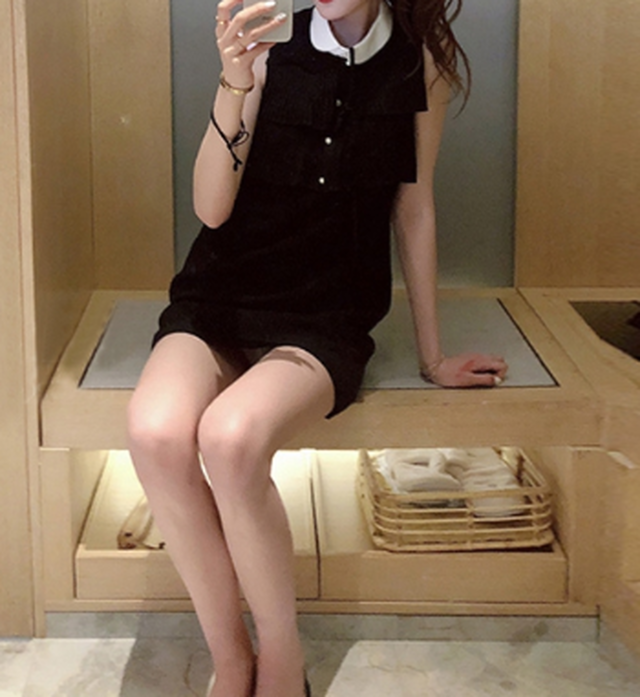 プリーツ モノトーン ワンピース ノースリーブ リボンタイ 黒 ブラック ミニワンピ おしゃれ シック 大人可愛い 韓国ワンピ K091 Koreanplus 韓国ファッション コリアンファッション オルチャンファッション