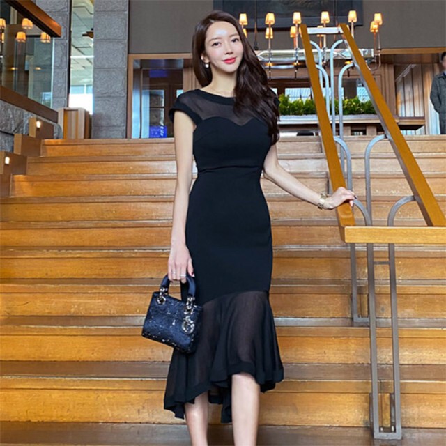 予約販売 結婚式 ドレス ワンピース S M L Xl パーティードレス オープンショルダー ドレス シースルー ビスチェ風 イリュージョンネック フレンチスリーブ 膝下丈 ミモレ丈 フォーマル 袖あり 半袖 無地 ブラック フレア おしゃれ かわいい かっこいい Favoritdress