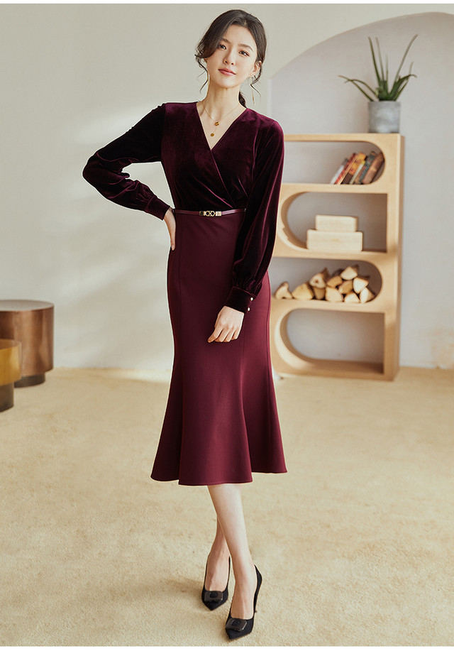 カシュクール風ワンピース ドレス Vネック 長袖 膝下 ミディ丈 パーティ お食事会 ママ会 お呼ばれ 春 秋 冬 Select Shop Skry スクリー