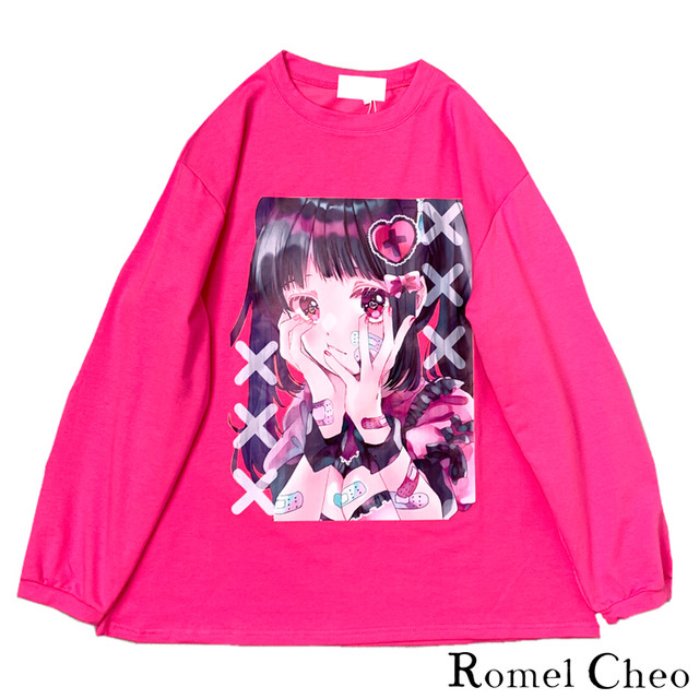 お支払い確認後日以内発送 Romelcheo イラスト ローズ ピンク 長袖 Tシャツ ロンt ロング プリント ゆめかわいい 病みかわいい レディース ストリート系 原宿系 青文字系 ガーリー ロリータ 大人可愛い カジュアル ファッション ロメルチェオ Romelcheo