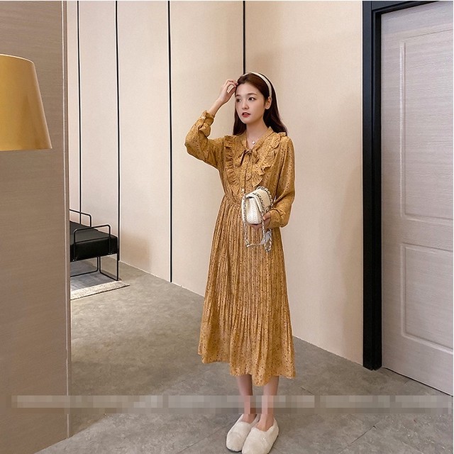 シフォンワンピース 花柄 マキシ丈 長袖 Aライン ボウタイ レトロ 大人カジュアル ベージュ イエロー グリーン 春秋 Paprika