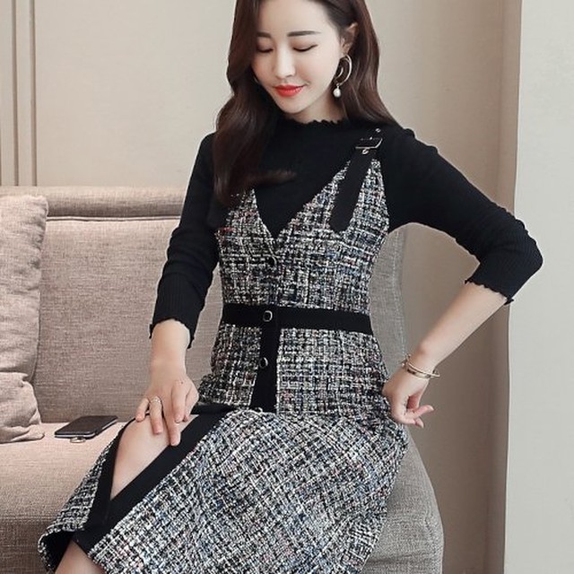 ワンピース ロング丈 膝下 ツイード 秋冬新作 Aライン Vネック 女子会 ワンピース 大人かわいい エレガント 韓国 ファッション ワンピース ロング丈 膝下 ツイード 秋冬新作 Aライン Vネック Leaflower 001 リーフラワー レディースファッション専門店