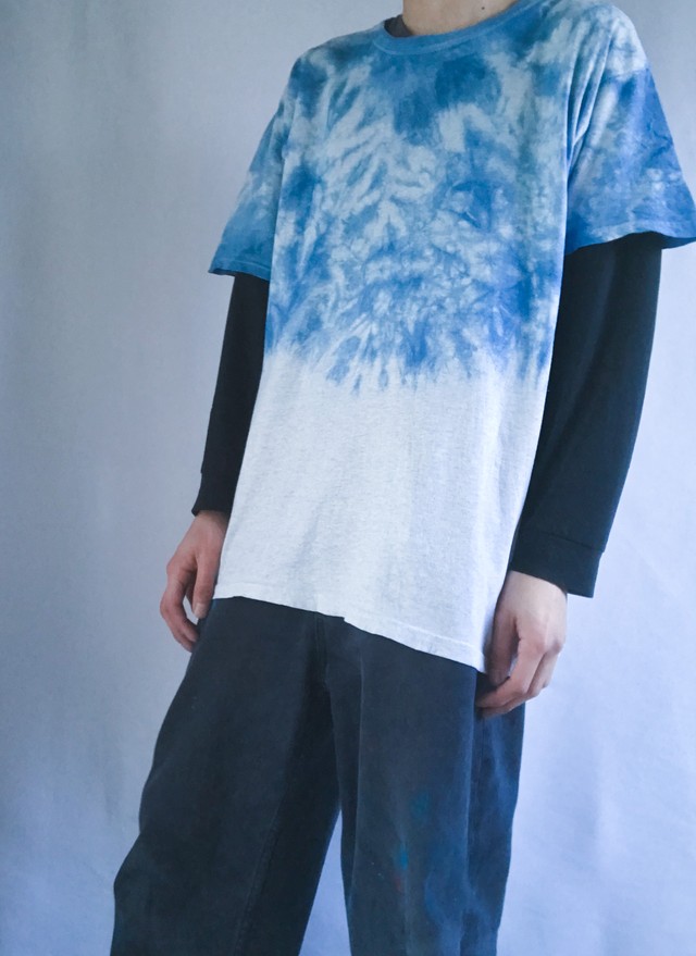 Xl 藍染 メンズ ユニセックス 青 ブルー 半袖 Tシャツ 古着 グレー