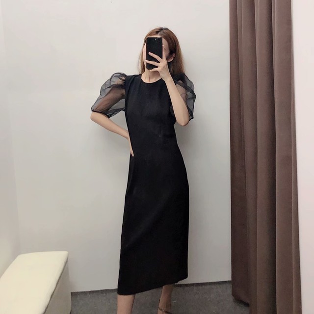 タイトワンピース ワンピース パフスリーブ シースルー 黒 セクシー 大人っぽい パーティー 二次会 お呼ばれ 韓国レディースファッション通販 ポワン
