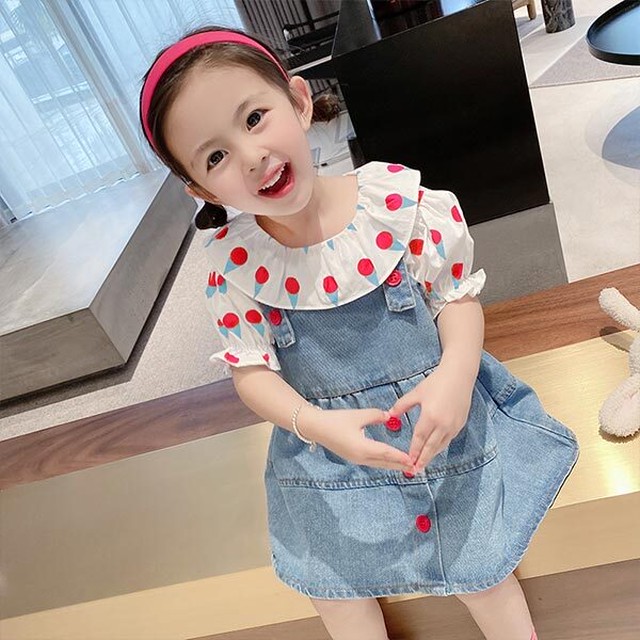 キッズ 女の子 セットアップ ワンピース サロペット 半袖 カジュアル ナチュラル おしゃれ お洒落 かわいい 可愛い 子供服 こども服 子ども服 ベビー服 ジュニア トップス スカート 90 100 110 1 130 白 ホワイト 赤 レッド ブルー 夏 パフスリーブ 襟が可愛い