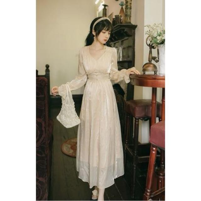 クラシカル ワンピース ミモレ丈 シャンパン色 エンパイアライン Ynswedding23