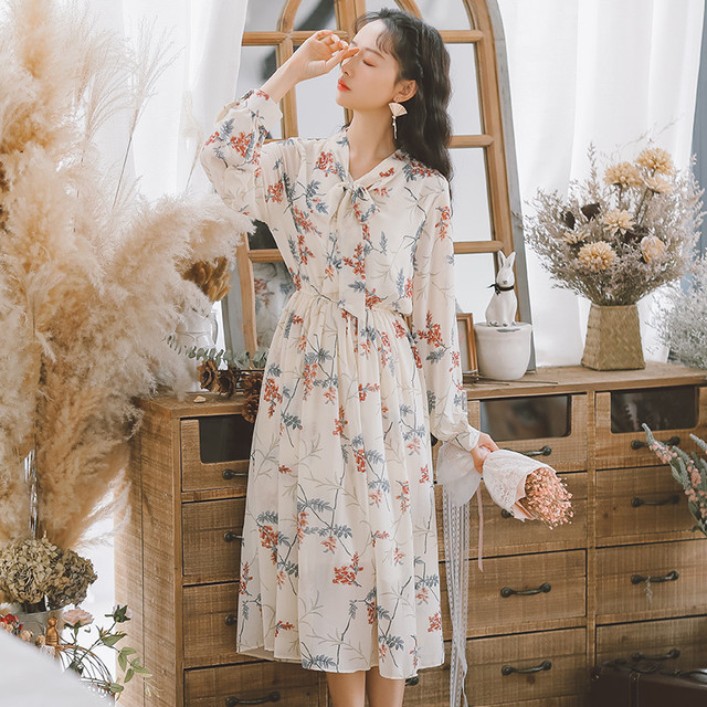 花柄 長袖 ミディ丈 ワンピース リボンタイ 春コーデ 大人可愛い レディース フェミニン シンプル 可愛い おでかけ デート 女子会 ウッディーベース1号店