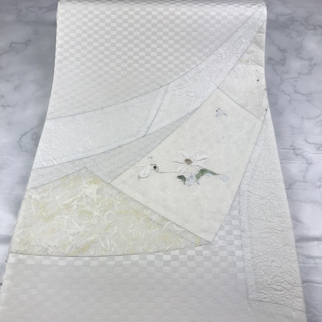 激安】 洒落袋帯 正絹(キリバメ部分和紙)白 365 仕立て上り - 着物