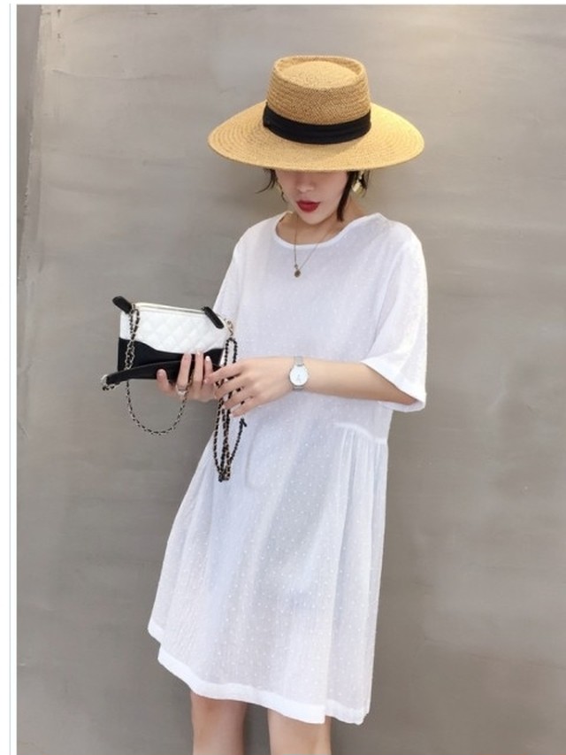 レディース ワンピース 春夏 レディース春夏 シンプル ガーリー 足長 ハイウエスト リボン ギャザー 半袖 ひざ丈 ワンピース プチプラ フ Basecamp49