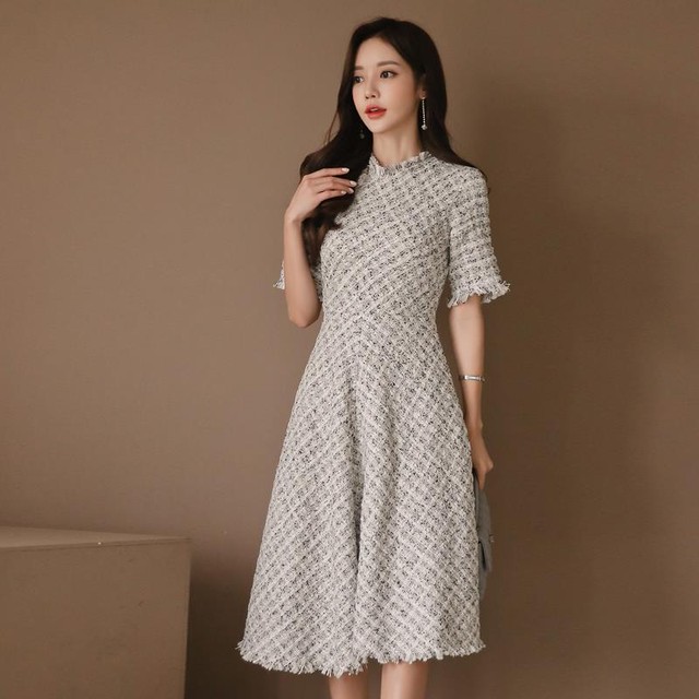 ワンピース ひざ下丈 半袖 フリンジ ツイード 綿 きれいめ エレガント ハイウエスト 結婚式 デート ウッディーベース1号店