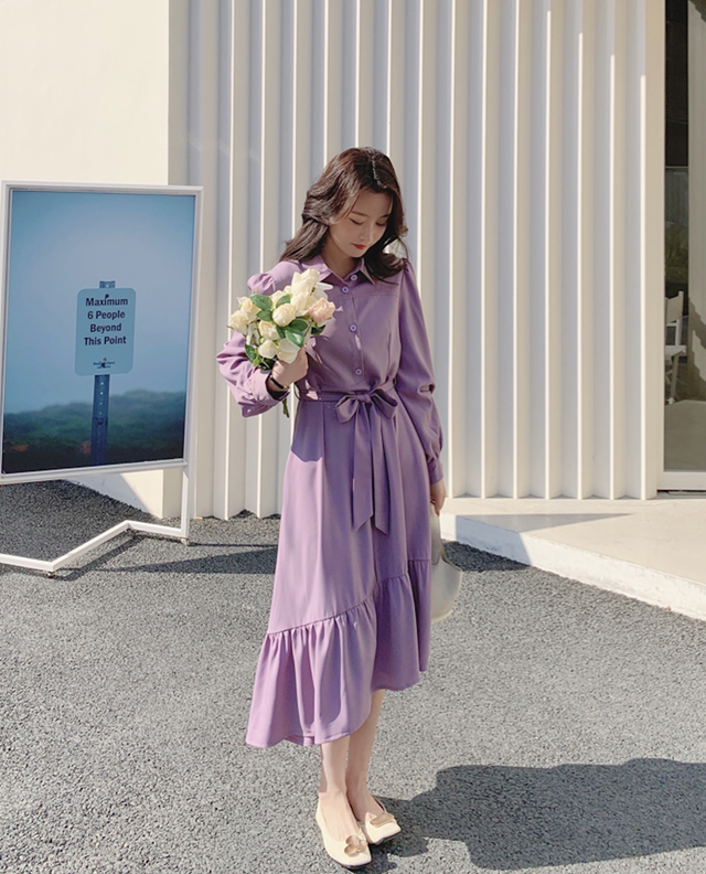 お取り寄せ 送料無料 ふんわり ワンピース 無地 ルーズウエスト ヘップバーンロングスカート 長袖 大きいサイズ Dr235 Room811