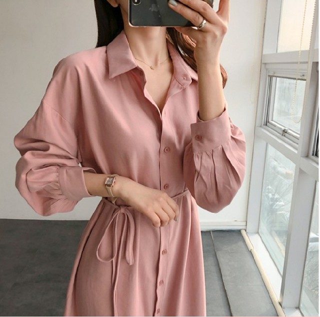 シャツワンピース ロングワンピ 無地 ワンピース 長袖 マキシ丈 ピンク Aライン 春 夏 レディース 送料無料 ロング丈 無地 ナチュラル 大きいサイズ 大人 Ys05 Fashion Mille
