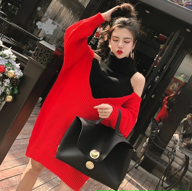 ニットワンピース オープンショルダー タートルネック ミニ丈 バイカラー Vカット レッド グレー 大人セクシー 大人カジュアル 休日コーデ 秋 冬 モード Op0267 Natuliria ナチュリリア