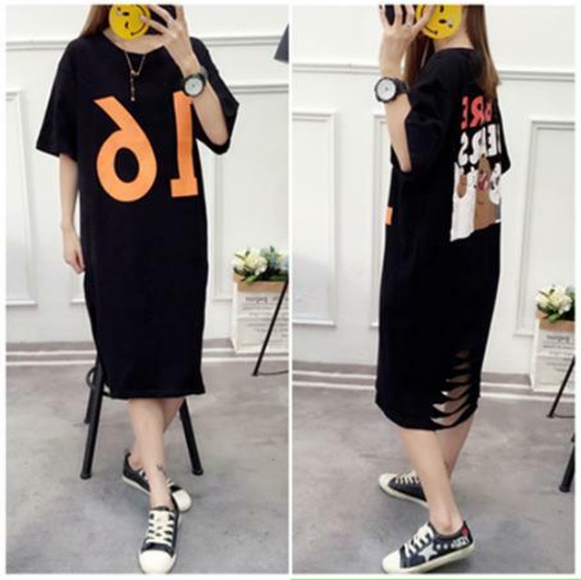 レディース Tシャツワンピース 韓国ファッション オルチャン 半袖 ロゴプリント スリット ブラック 着痩せ ワンピ 春 夏 秋 Speed Star Base