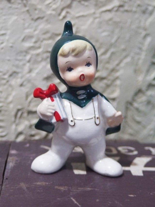 高島屋 マーク入り 緑の頭巾をかぶった陶器のお人形 置物 ヒカウキ古道具商會 ーふるきよきもの なつかしきもののお店ー