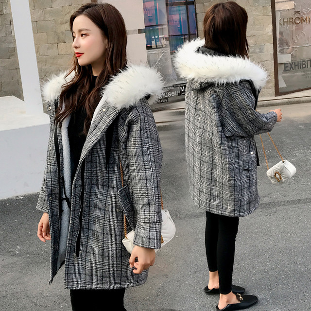 お取り寄せ商品 アウター チェック ホワイト ファーフード コート